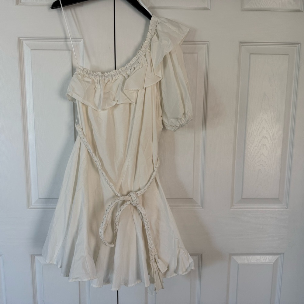 RHODE Cream Ruffled Tie Front One Shoulder Dress